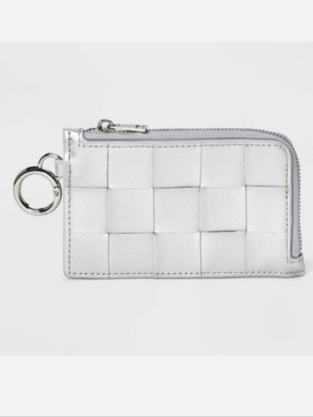 Pocket Size Card Case Small Wallet Keychain Woven Metallic Silver Faux Leather